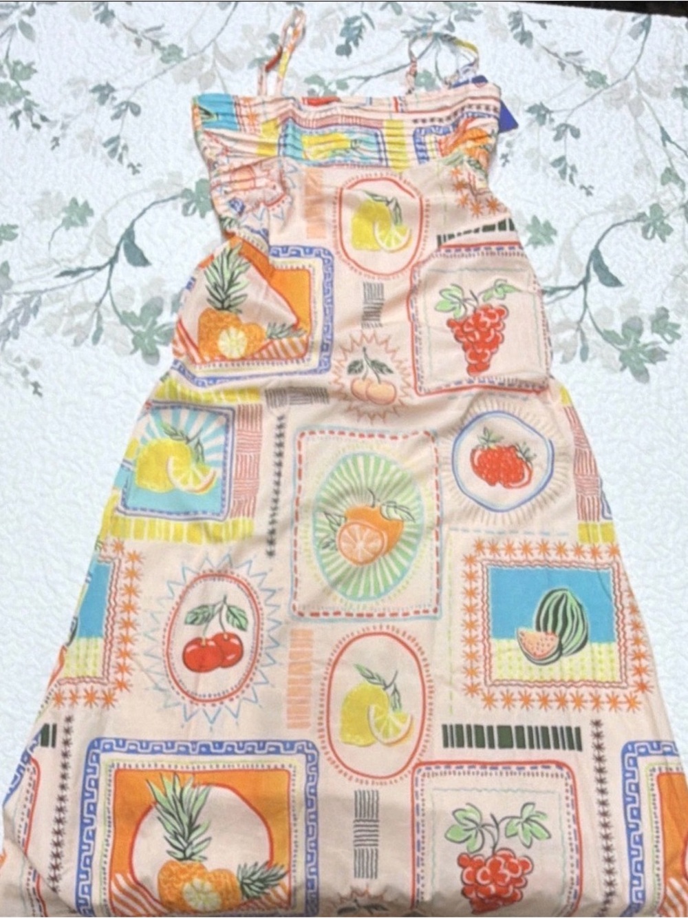 Fruit Print Sundress in Pastel Peach, Blue & Yellow
